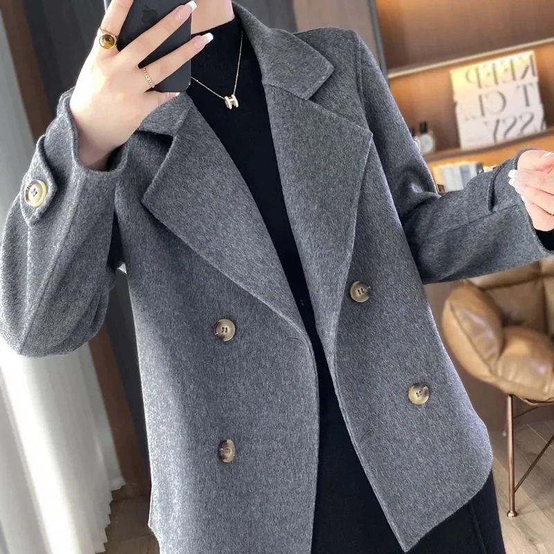 小香风羊毛双面呢绒大衣女短款上衣中式西装领洋气高端高级感外套
