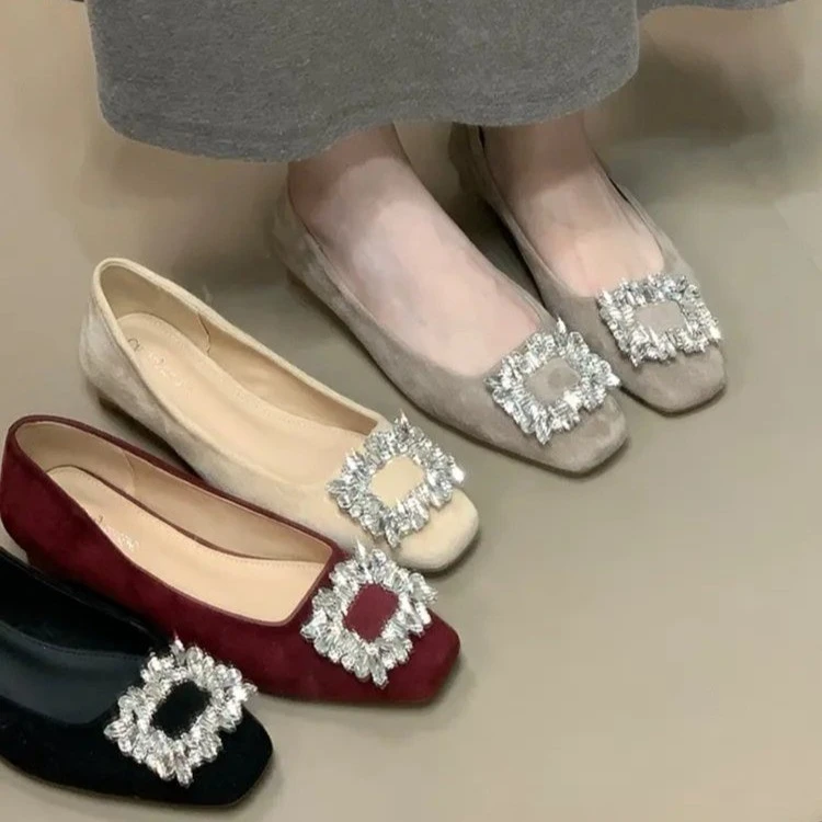 法式水钻单鞋平底鞋跟鞋平底女方口鞋低跟尖头方头春季粗跟百搭