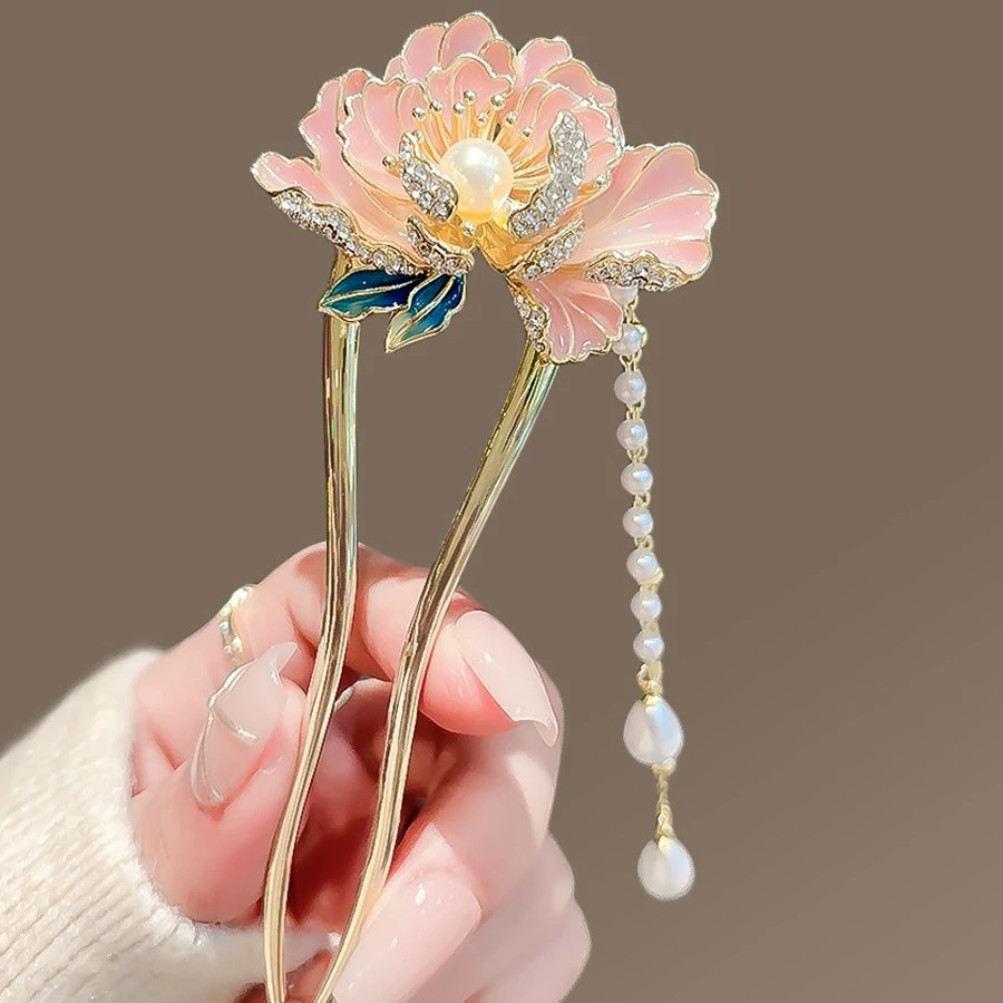 国风高档牡丹花发簪女新款步摇流苏盘发簪子U型发卡新中式发钗子