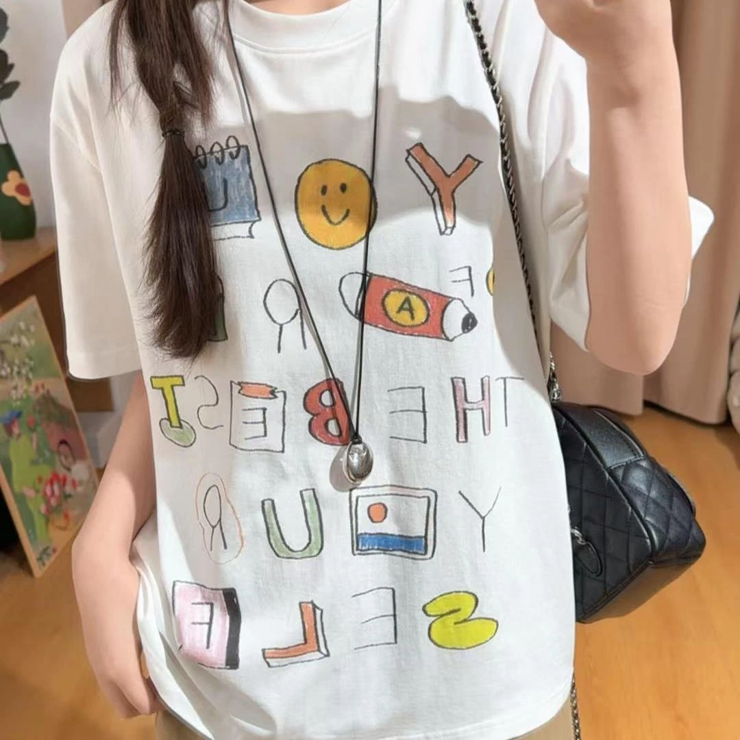 84929余小鱼【铅笔T】白色字母印花夏季时尚圆领短袖百搭T恤女装