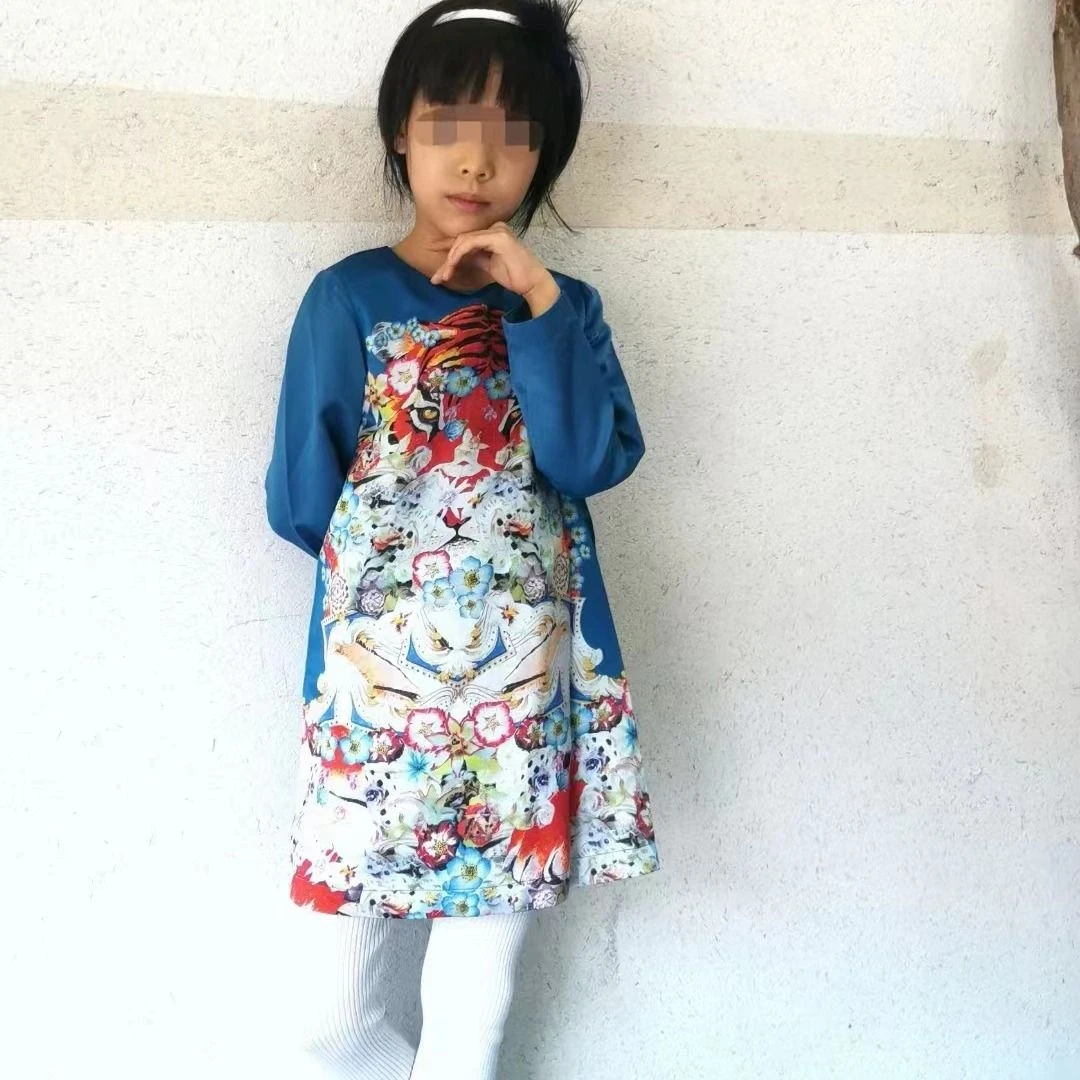 女童蓝色中国风时尚印花民族风柔软舒适九分袖连衣裙L1006