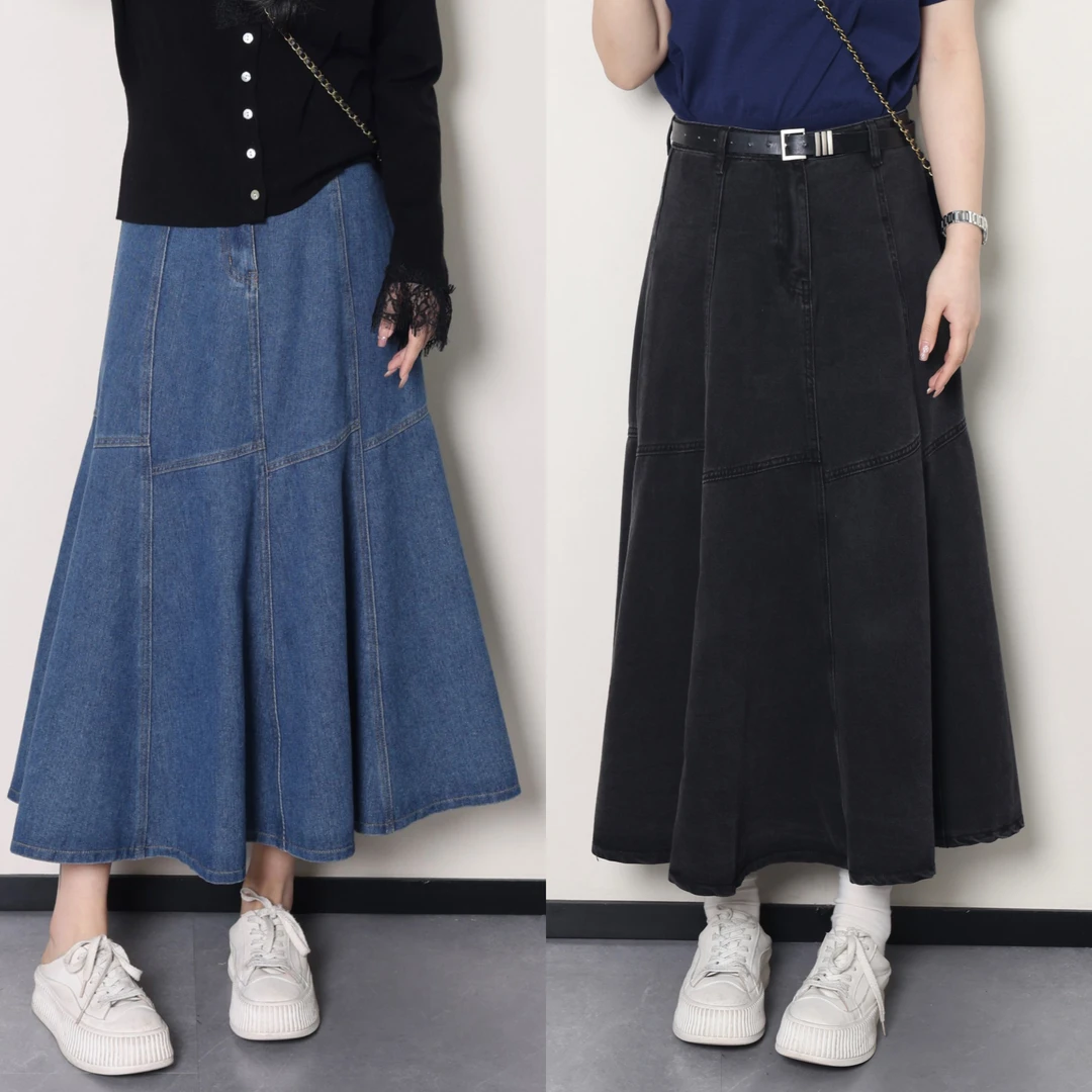 QC-三妮【西海岸】微胖大码春秋复古显瘦高腰牛仔鱼尾半裙 40201