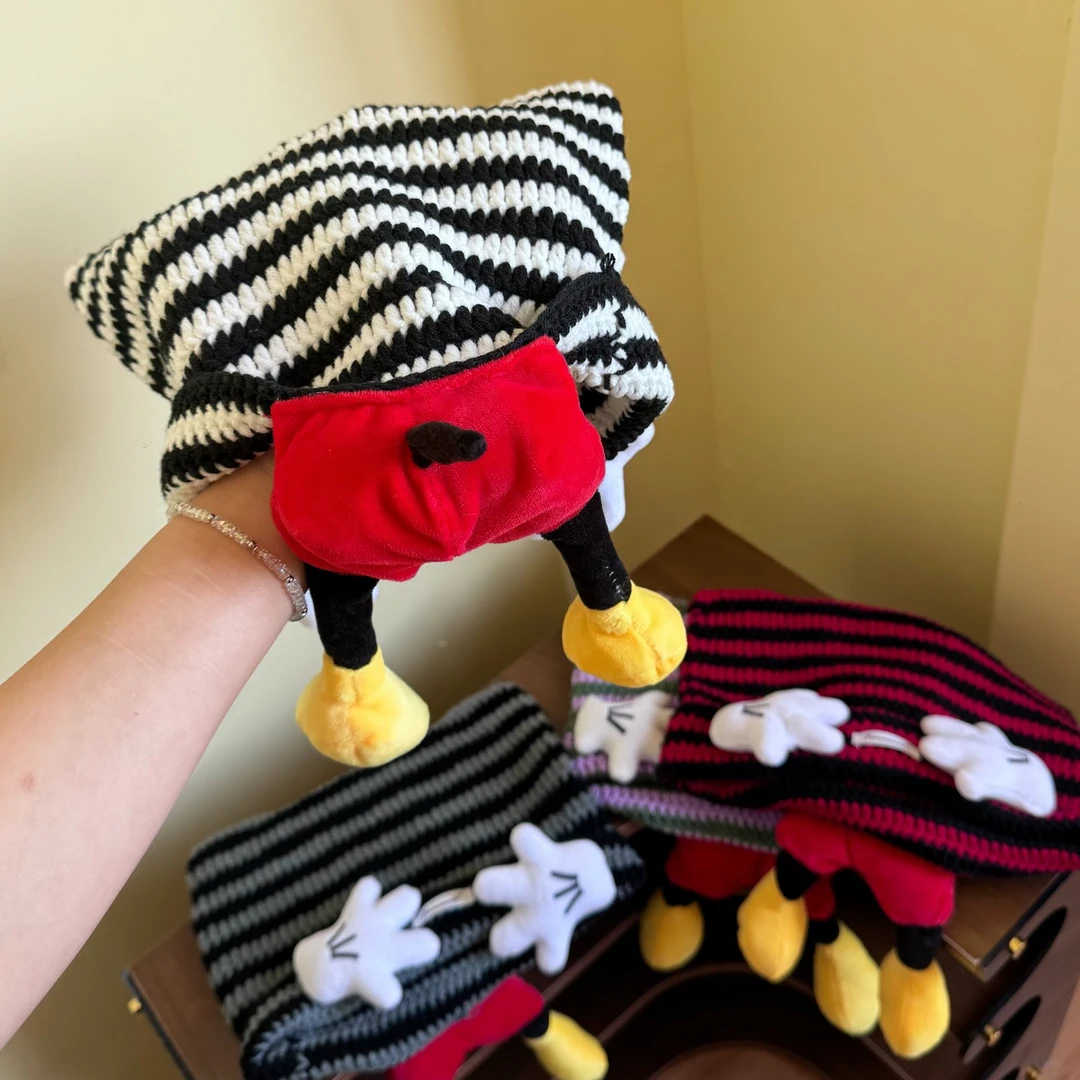 【亲子款】米奇屁屁条纹针织帽子秋冬可爱毛线编织包头帽卡通猫咪帽