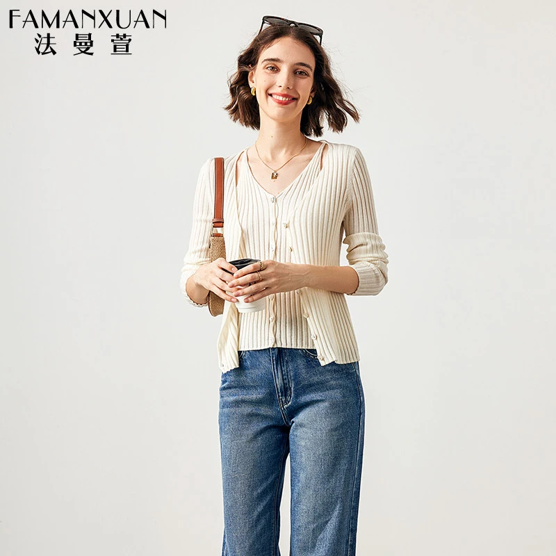 【岚岚专属】法曼萱白色假两件羊毛针织衫女2025春亲肤上衣