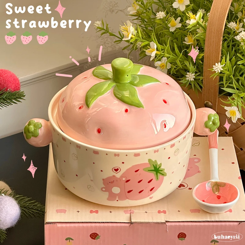 可爱粉草莓双耳带盖泡面碗陶瓷杯子学生宿舍专用大容量送女生礼物