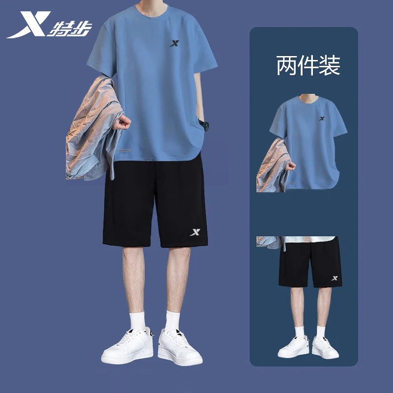 特步运动套装2025夏季时尚透气速干短袖短裤健身衣薄款两件套男装