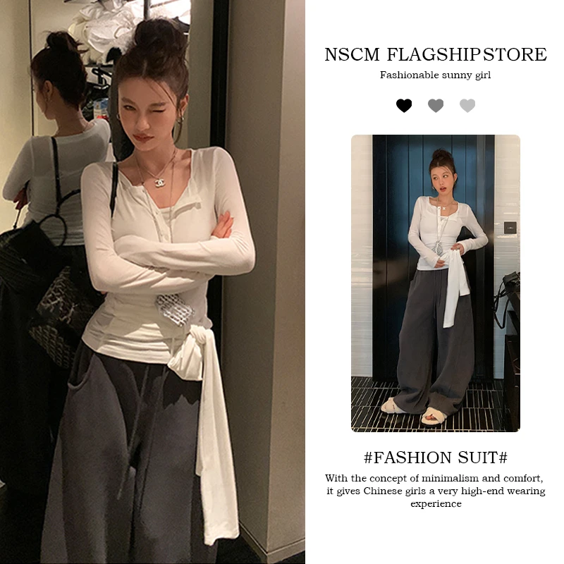 NSCM秋季新款纯欲慵懒风女装美式辣妹修身v领纽扣长袖T恤阔腿裤