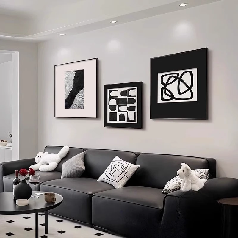 简约现代客厅装饰画高级感沙发背景壁画黑白几何抽象三联挂画