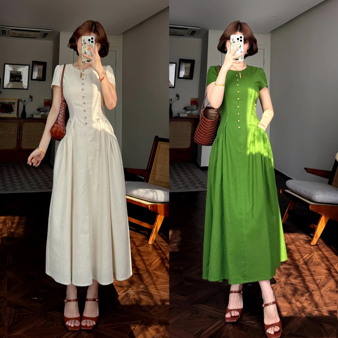 蕾英俊-季夏之声-夏季法式亚麻收腰高级感气质A字连衣裙-JF6254