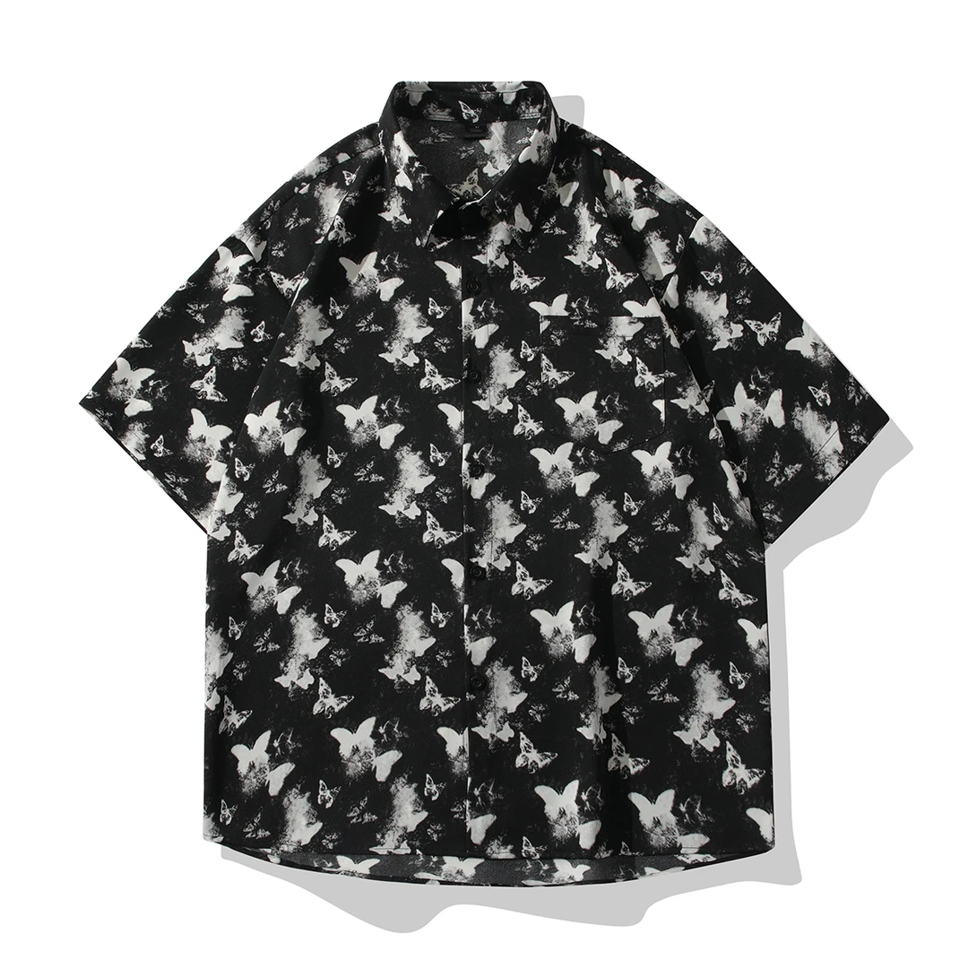 男士冰丝短袖衬衫夏季薄款凉感国风蝴蝶潮流宽松百搭垂感速干衬衣