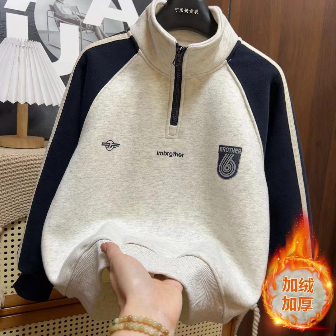 加绒加厚卫衣～秋冬新款上衣一体绒中大童宽松洋气