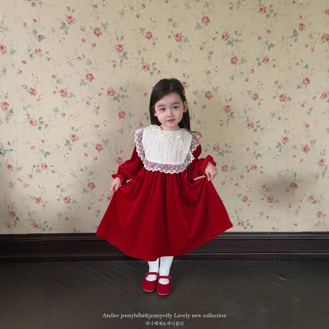 珍妮童装女童连衣裙2025冬季衣服韩版女宝宝圣诞红洋气蕾丝公主裙