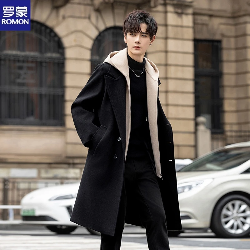 Romon/罗蒙秋季休闲百搭外套连帽男士假两件纯色加厚保暖呢子大衣