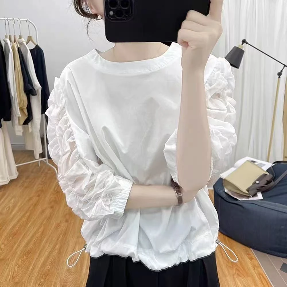 夏装时尚港风褶皱七分袖薄款衬衫女式减龄上衣2024新款设计感衬衣