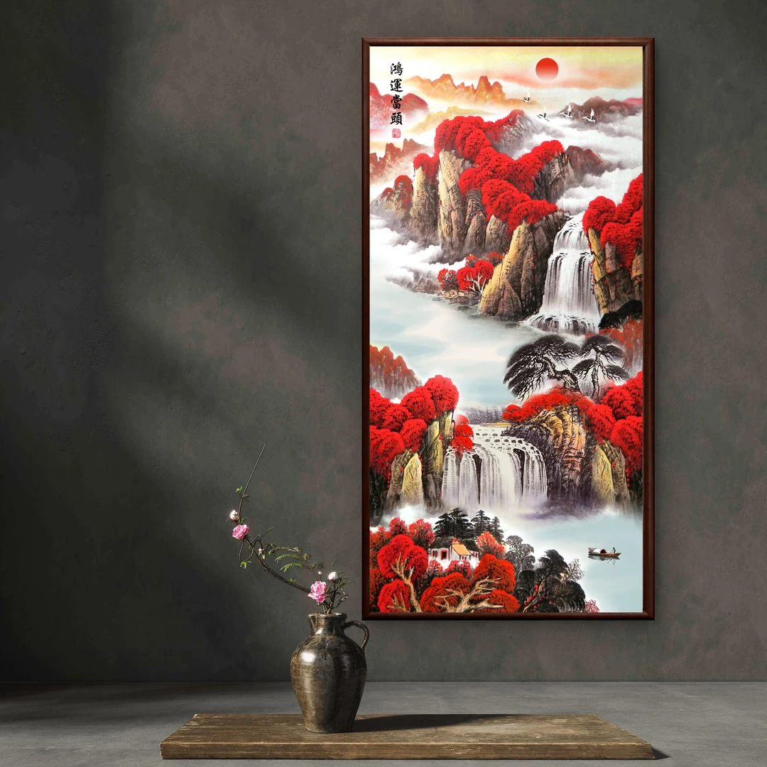 135-55*110高档鸿运当头山水壁画适用于玄关客厅走廊过道装饰画