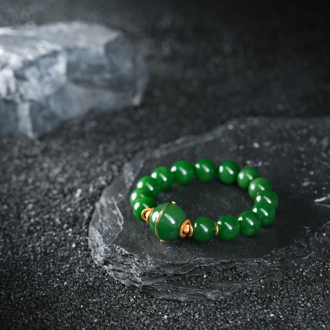 『博姐周年庆』·苍嬛丨和田玉老料帝王绿18K金传世手串约11mm*S6937