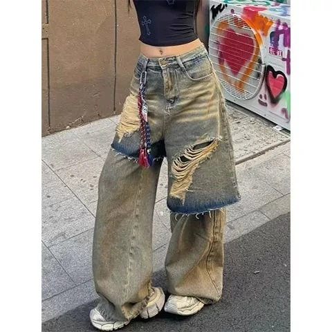 美式复古重工泥染破洞假两件牛仔裤女高街辣妹宽松显瘦直筒阔腿裤