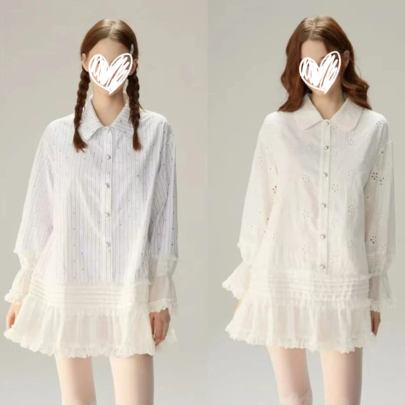 2025年春季新款镂空刺绣蕾丝边衬衫连衣裙条纹翻领长袖裙子女
