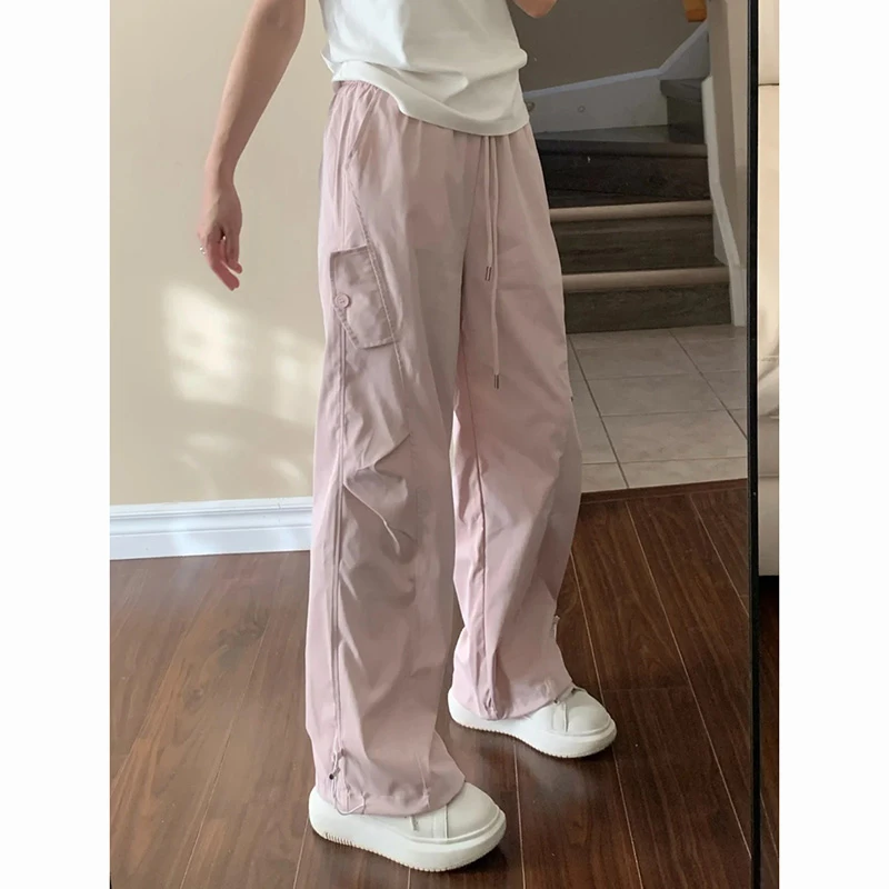 粉色抽绳阔腿工装裤女2025夏季新款宽松显瘦运动可束脚百搭休闲裤