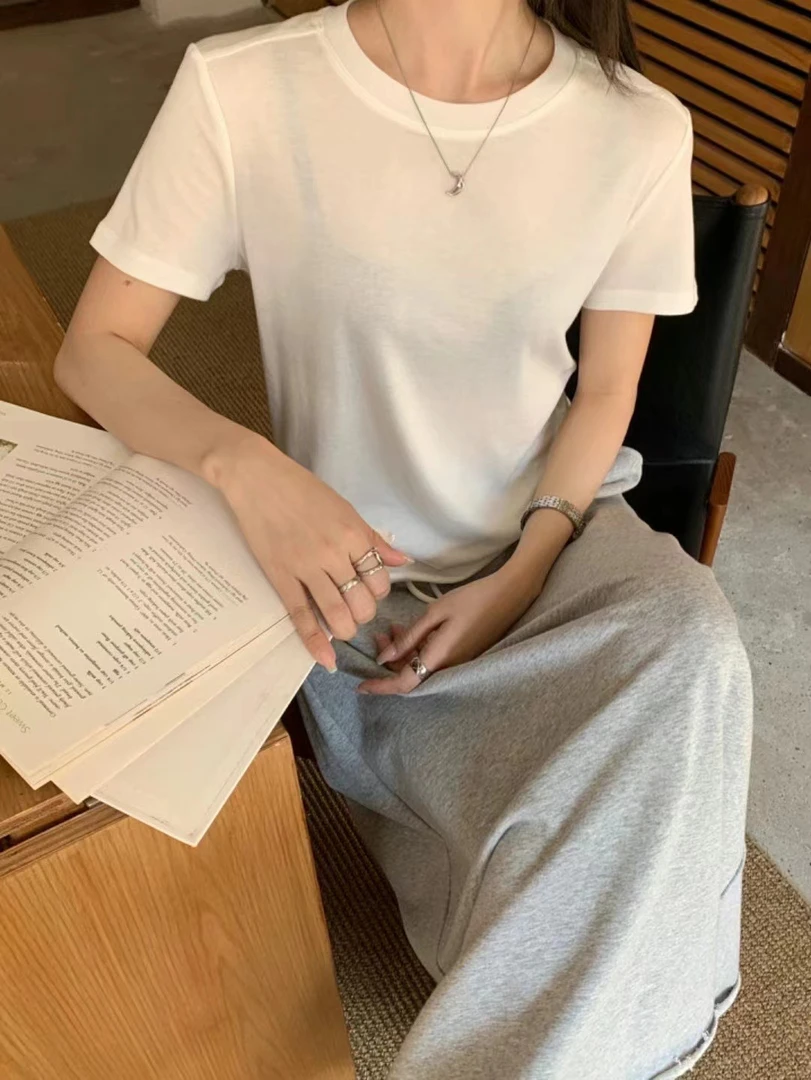 阿玉家&压褶后中线纯色短袖光版T恤打底衫夏季百搭简约半袖#7004