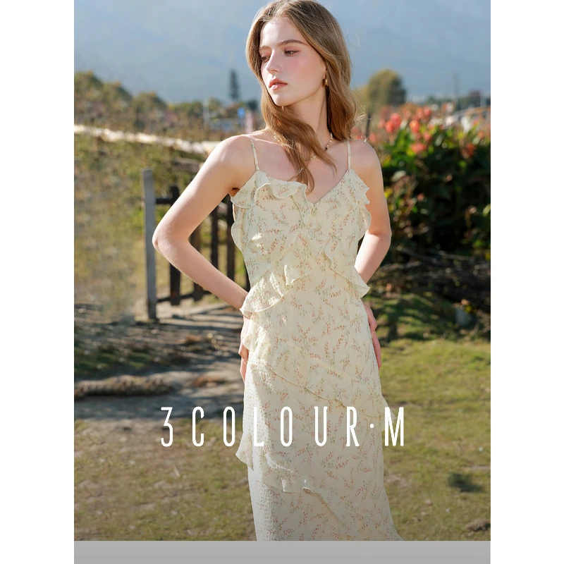 三彩2025春季新款吊带碎花V领无袖连衣裙法式复古荷叶边长裙女M