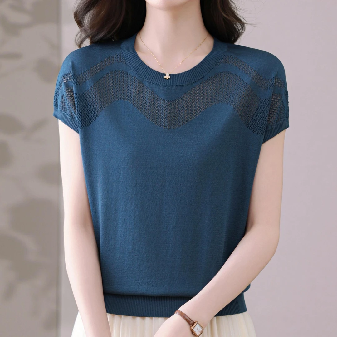 25新款女士镂空圆领天丝设计宽松遮肉休闲百搭短袖上衣
