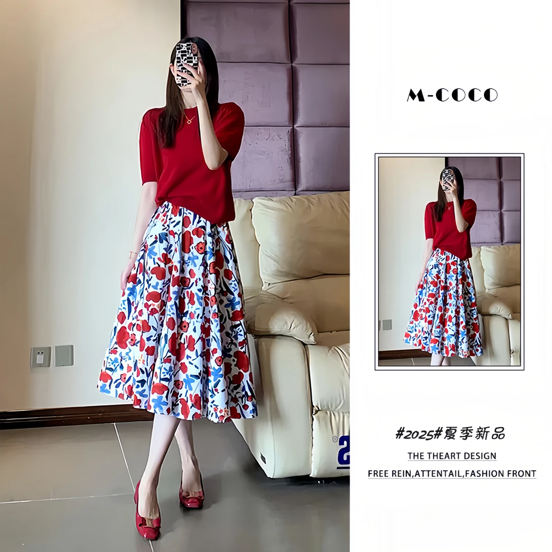 夏季多巴胺穿搭一整套2025新款气质女神范上衣配碎花半身裙两件套