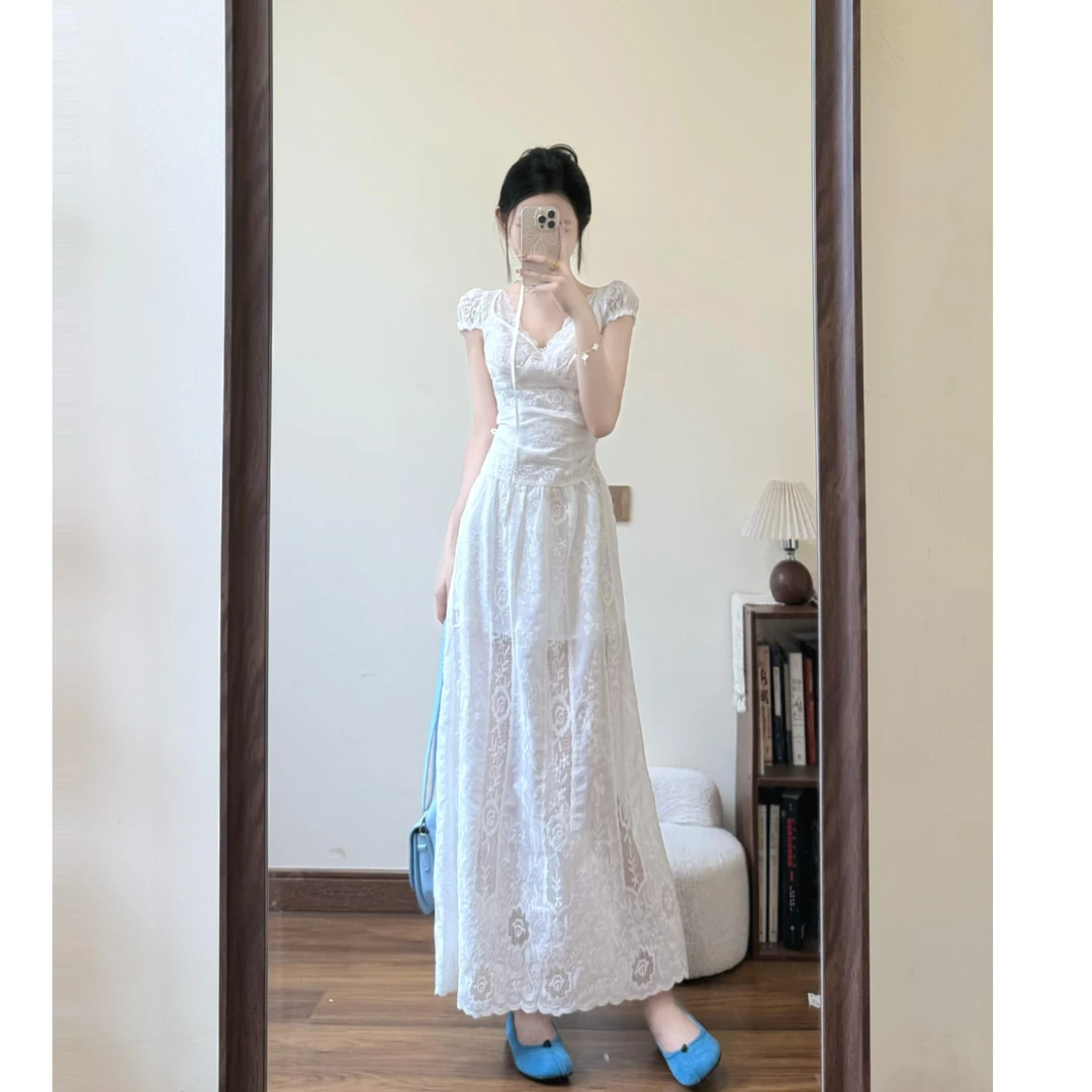 法式小飞袖清纯白色连衣裙女2025夏季度假蕾丝假两件漂亮气质长裙