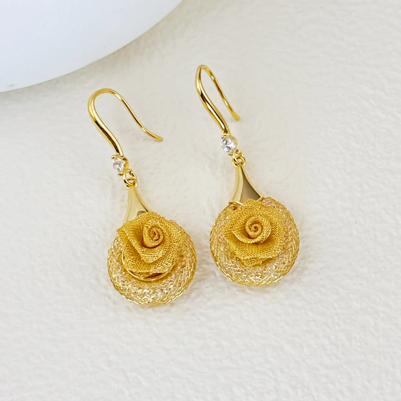 铜合金合成锆石耳饰 日韩复古耳环金色女优雅玫瑰花耳环