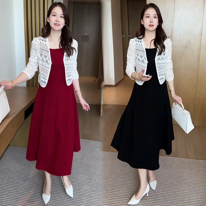 时尚套装裙女2025秋季新款时髦洋气针织外披连衣裙中长款两件套裙