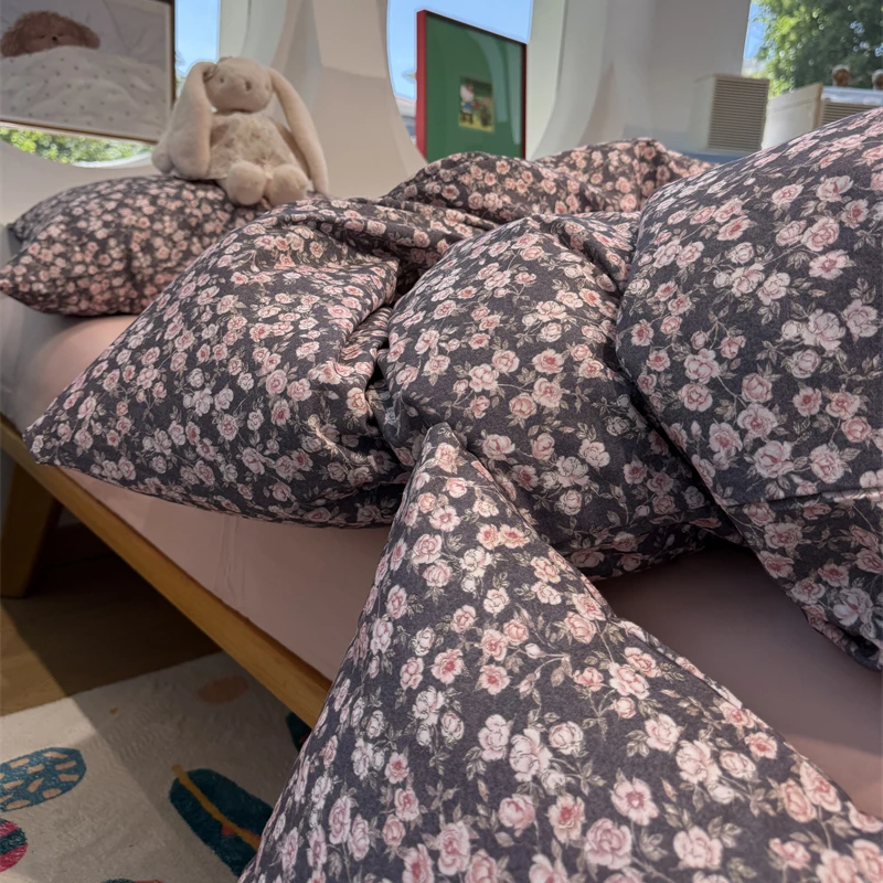 易安阁美式秋冬加厚保暖粉碎花纯棉磨毛四件套全棉1.5m1.8米被套