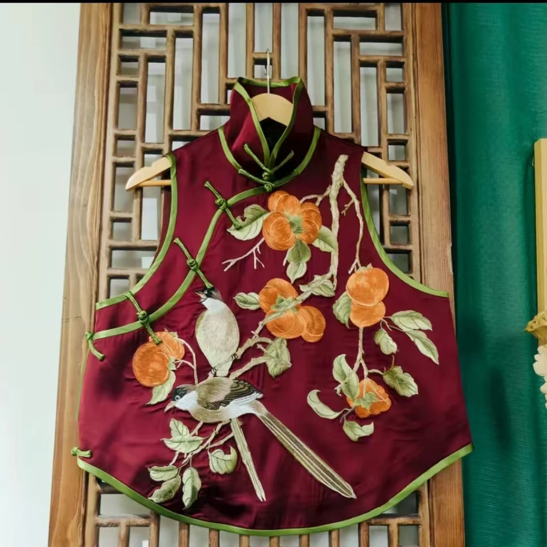 （LS629-16）凤徕兮私人定制暗红色光板底柿柿如意花盆领盘扣马甲