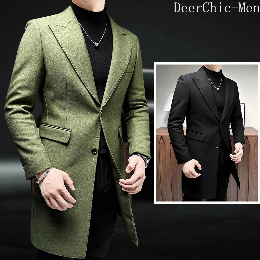 气质型男中长款大衣男款冬季新款休闲夹棉西装领毛呢男士风衣外套