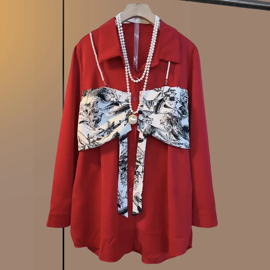 红色大码女装胖妹妹遮肉显瘦宽松时尚打底衫上衣衬衫领大衫中长款