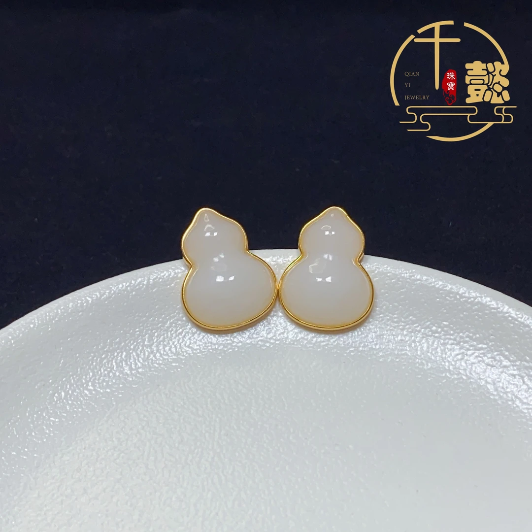 S925银天然和田玉白玉葫芦耳钉耳环