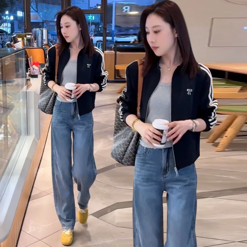 正品三条杠休闲薄款棒球服短外套女2025春秋宽松时尚美式运动上衣