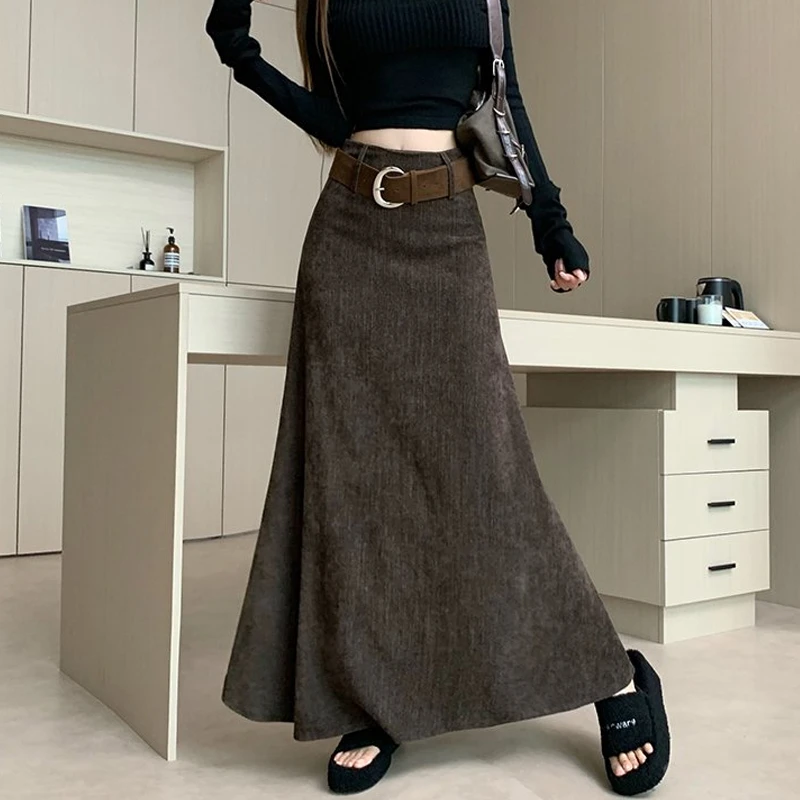 复古咖棕色毛呢半身裙女秋冬新款设计感高腰遮胯显瘦a字包臀长裙
