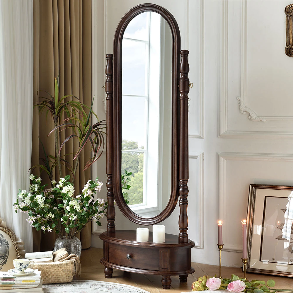 美式复古实木全身镜家用试衣全身镜法式复古带储物椭圆形落地镜