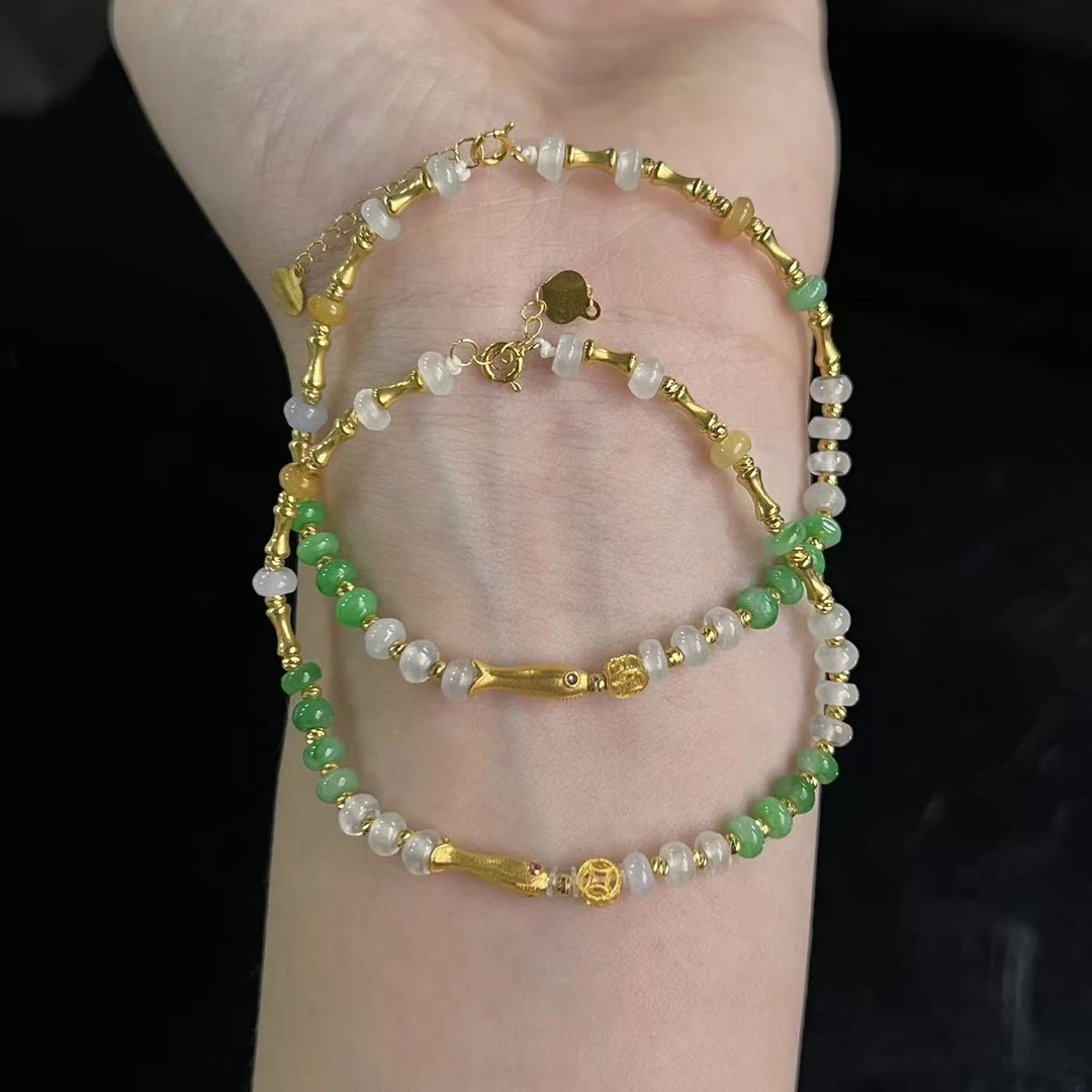 【北野珠宝】18k金天然缅甸A货翡翠手链B221H-250多样性发一4mm