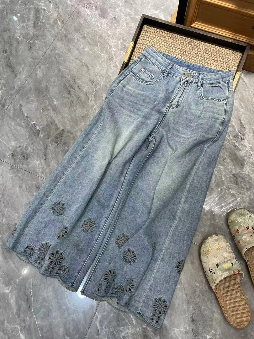 谢美丽-精选镂空花边设计感牛仔裤新中式