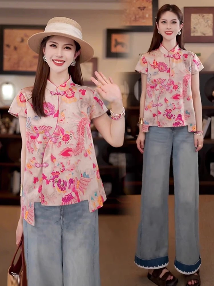 新中式国风设计感盘扣立领短袖衬衫女2025夏季新款洋气百搭小衫潮