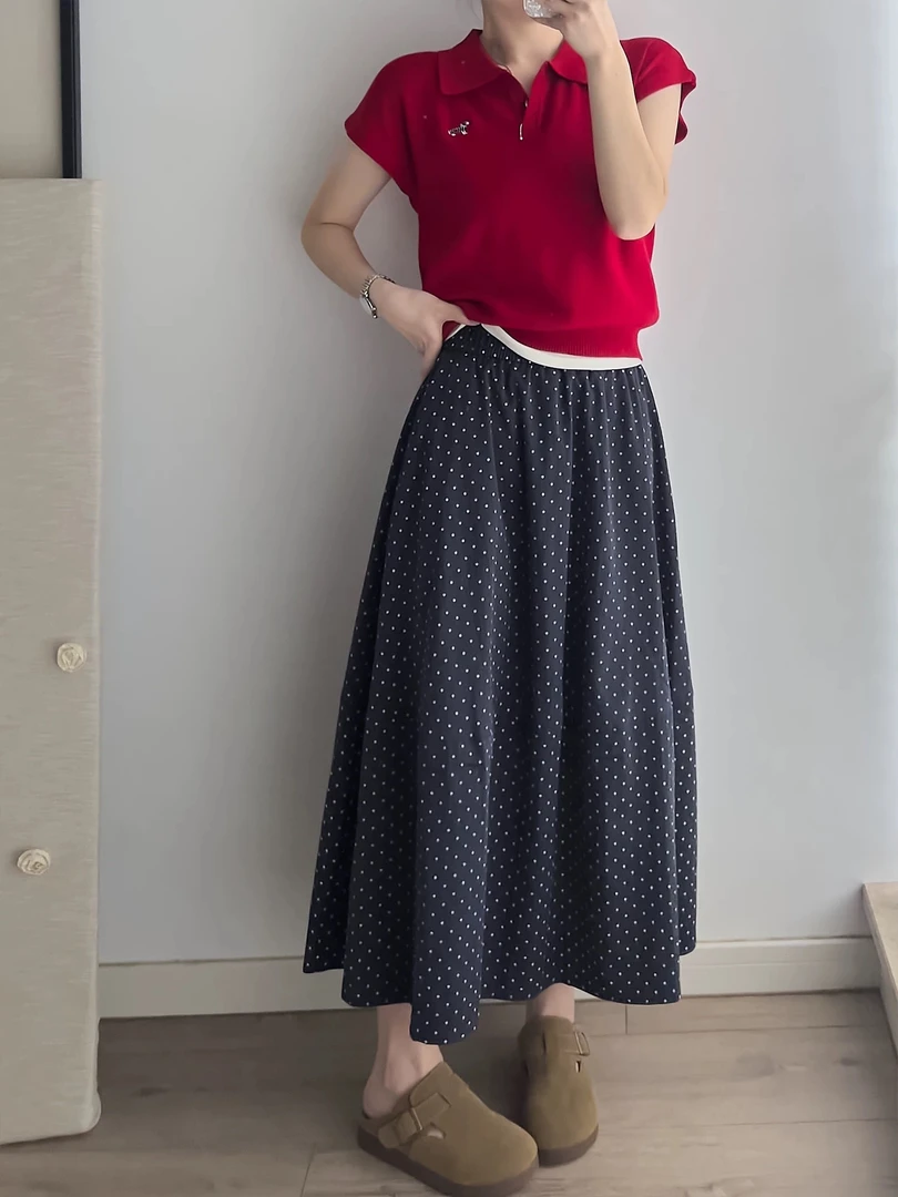 【刘噗噗】韩版Fben休闲复古波点梭织裙168233