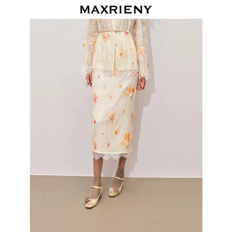 M467【赵老板专属】MAXRIENY刺绣蕾丝边修身高腰包臀半裙