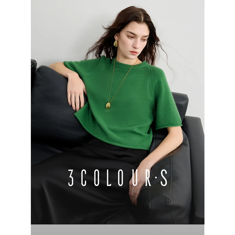 【100羊毛衫】三彩2025春季新款绵羊毛针织衫粗针套头插肩上衣女S