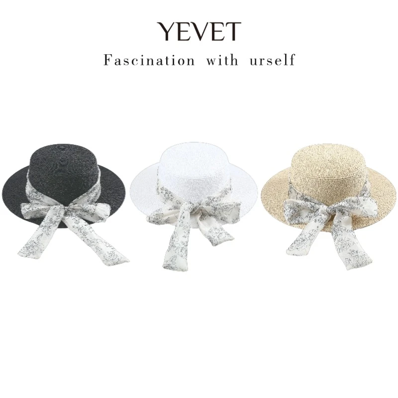YEVET赫本风夏季飘带草编防晒太阳帽度假遮阳出游百搭平顶帽子