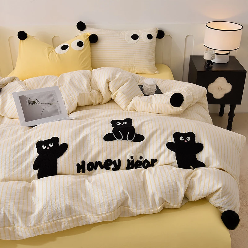 芊禾梦 小熊系列 全棉水洗棉四件套三件套纯棉刺绣小清新可爱风！