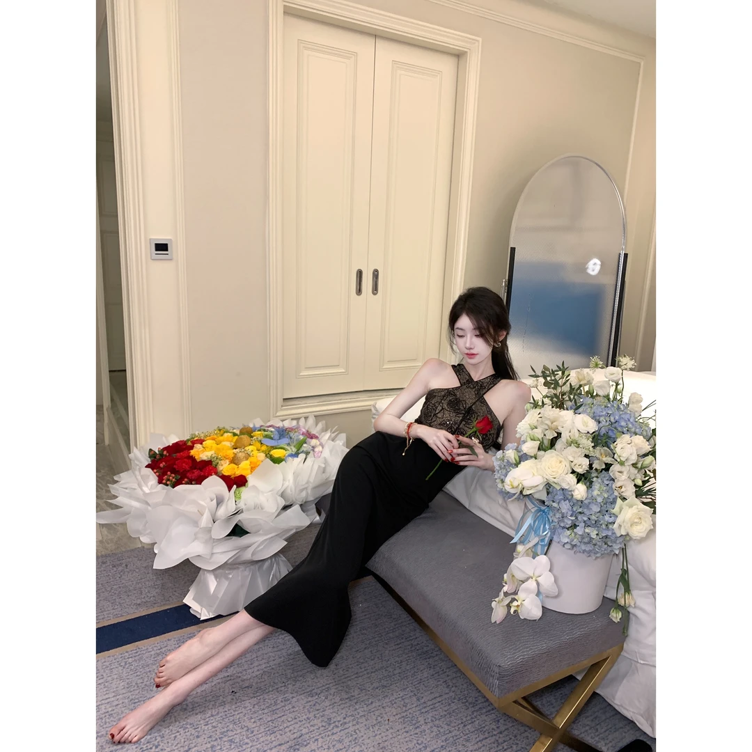 【雅乔定制】黑色序曲 蕾丝交叉肩带连衣裙DYYK-24031697