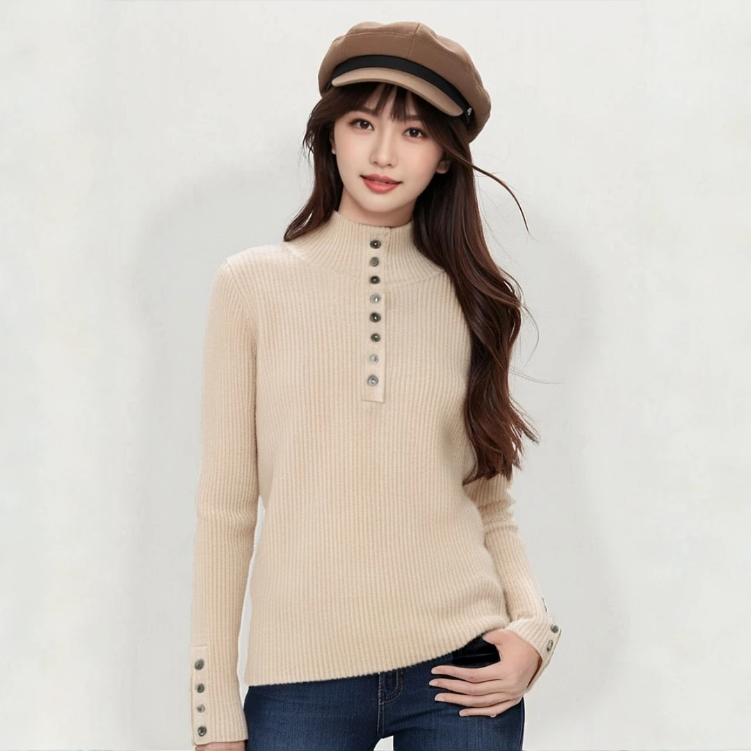 秋冬轻奢山羊绒半高领纯色套头衫针织内搭宽松气质显瘦坑条打底衫