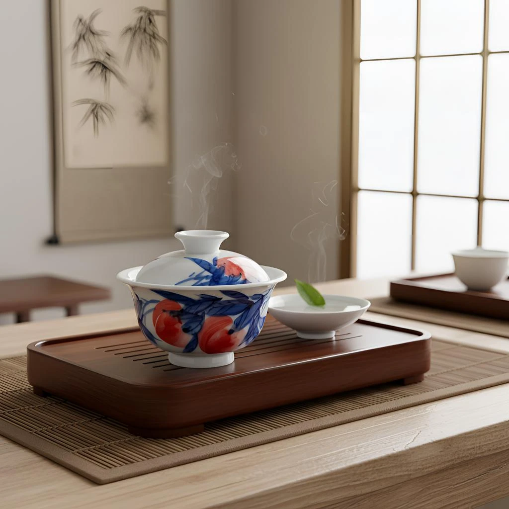 【觀文】汪春麟110ml写意桃子盖碗纯手工手绘景德镇青花瓷