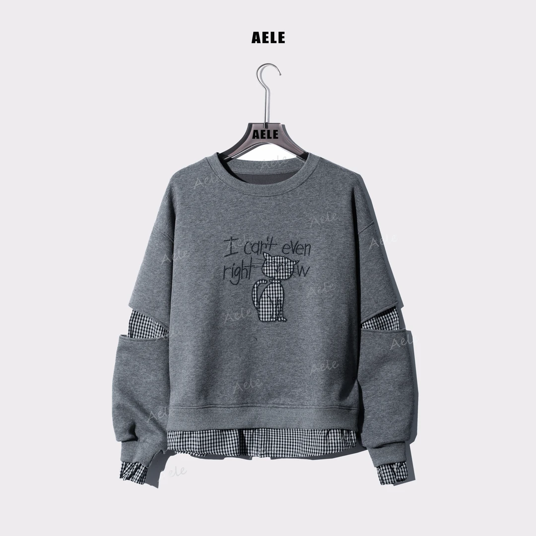 AELE【格子猫】设计感拼接假两件圆领卫衣休闲上衣女 V853 2619 AD